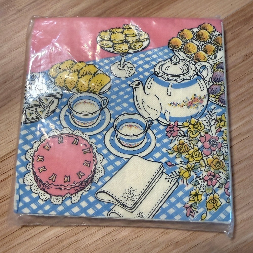 Vintage Tea Party Cocktail Napkins 5x5 Pink Blue Gingham 24ct Cottagecore